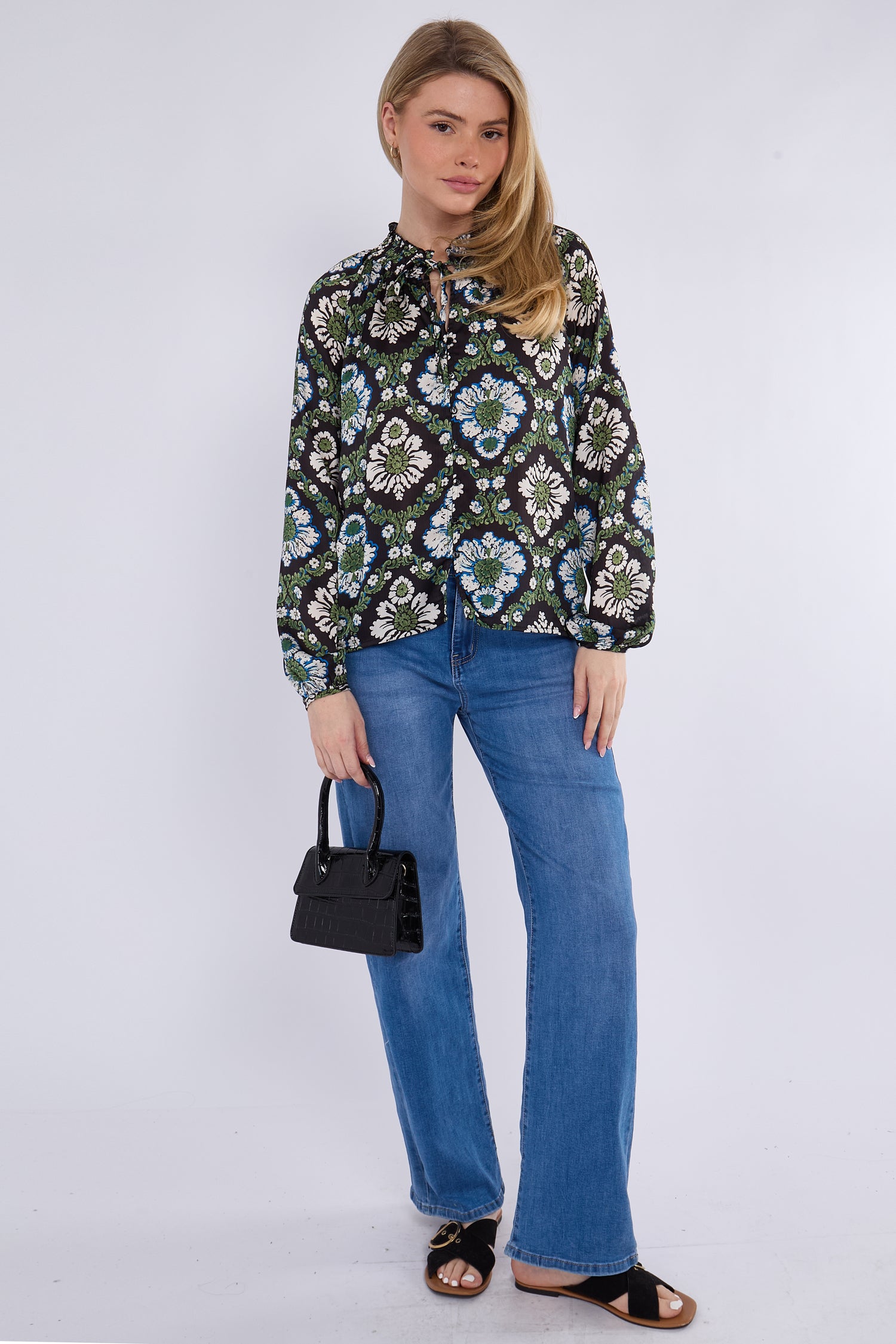Black Baroque Floral Print Tie Lace Satin Blouse