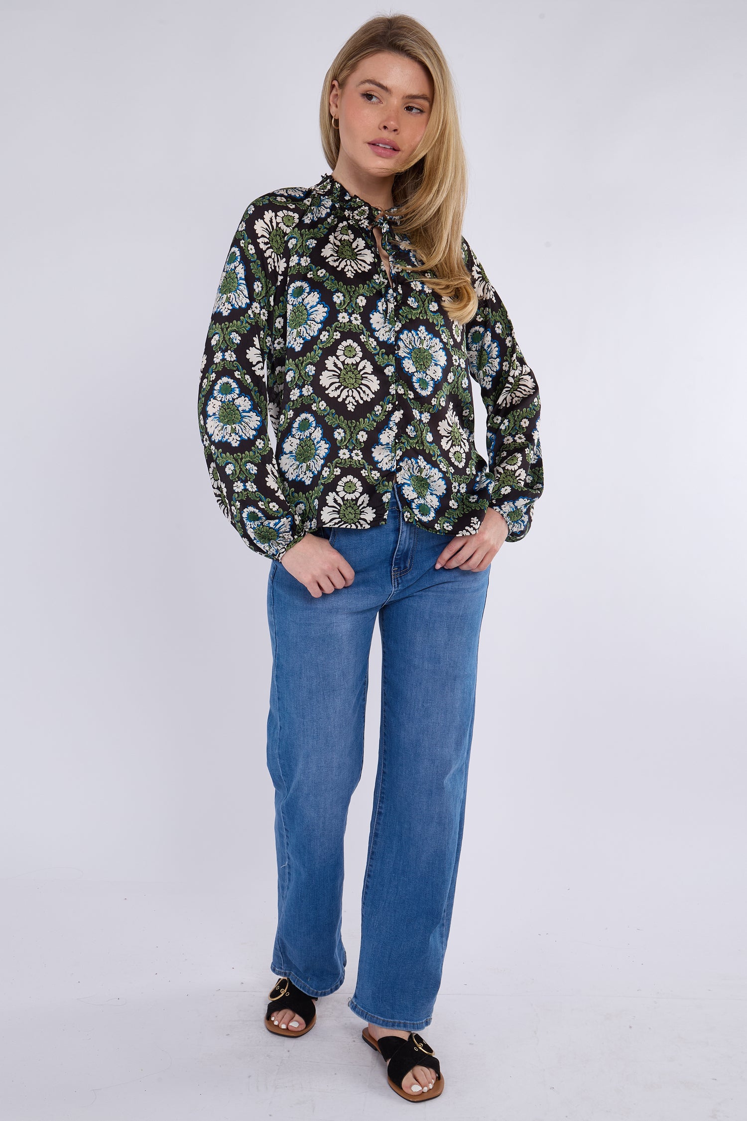 Black Baroque Floral Print Tie Lace Satin Blouse