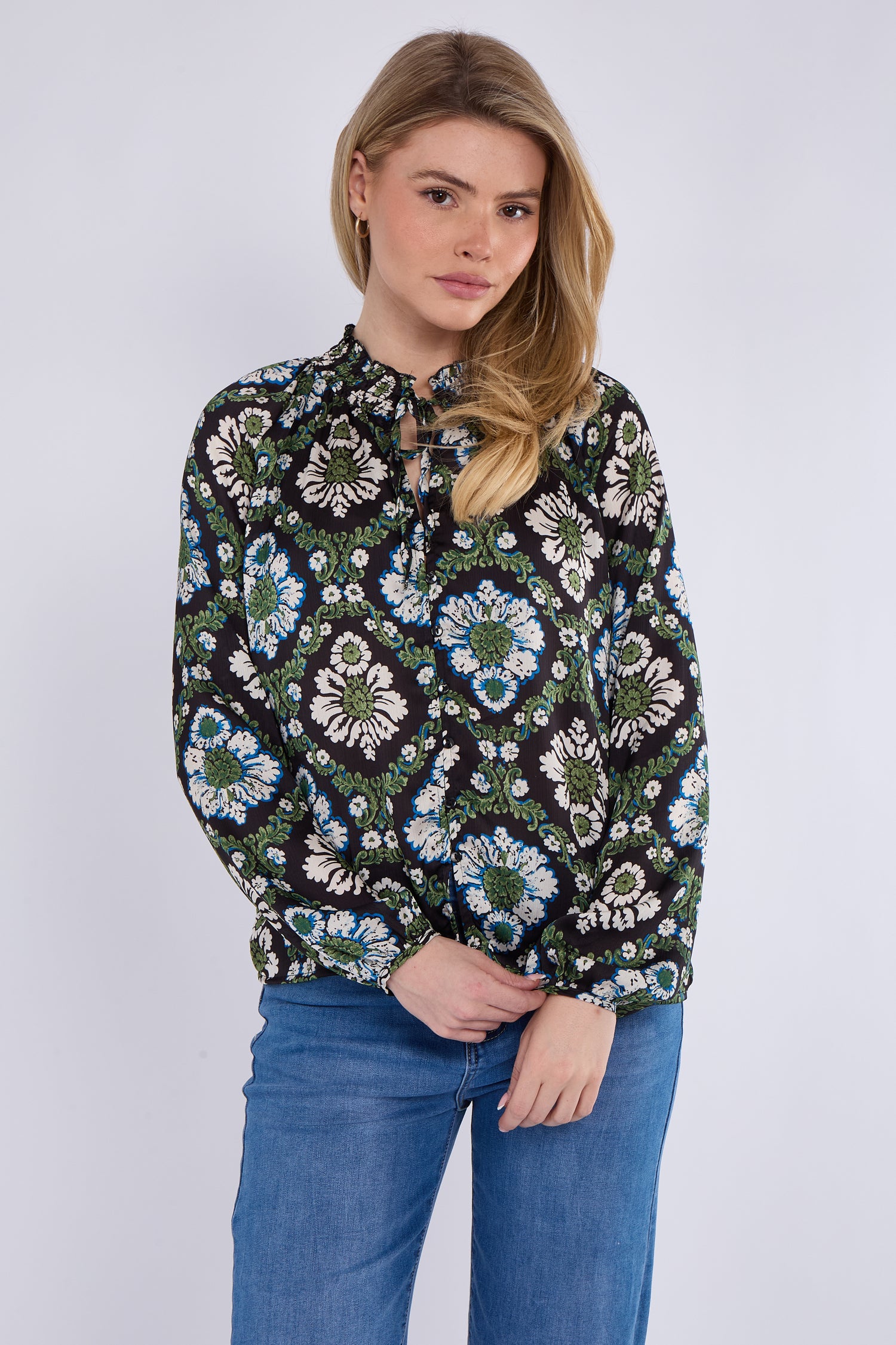 Black Baroque Floral Print Tie Lace Satin Blouse