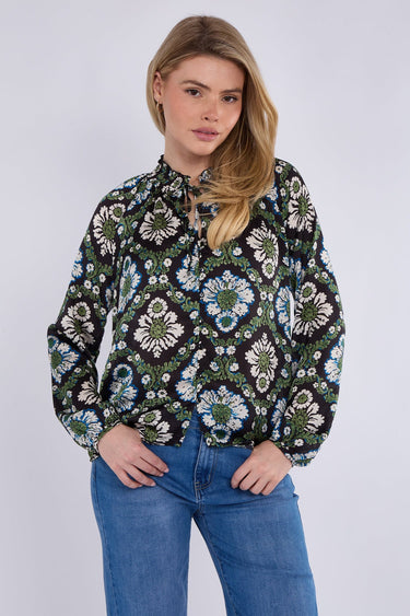 Black Baroque Floral Print Tie Lace Satin Blouse
