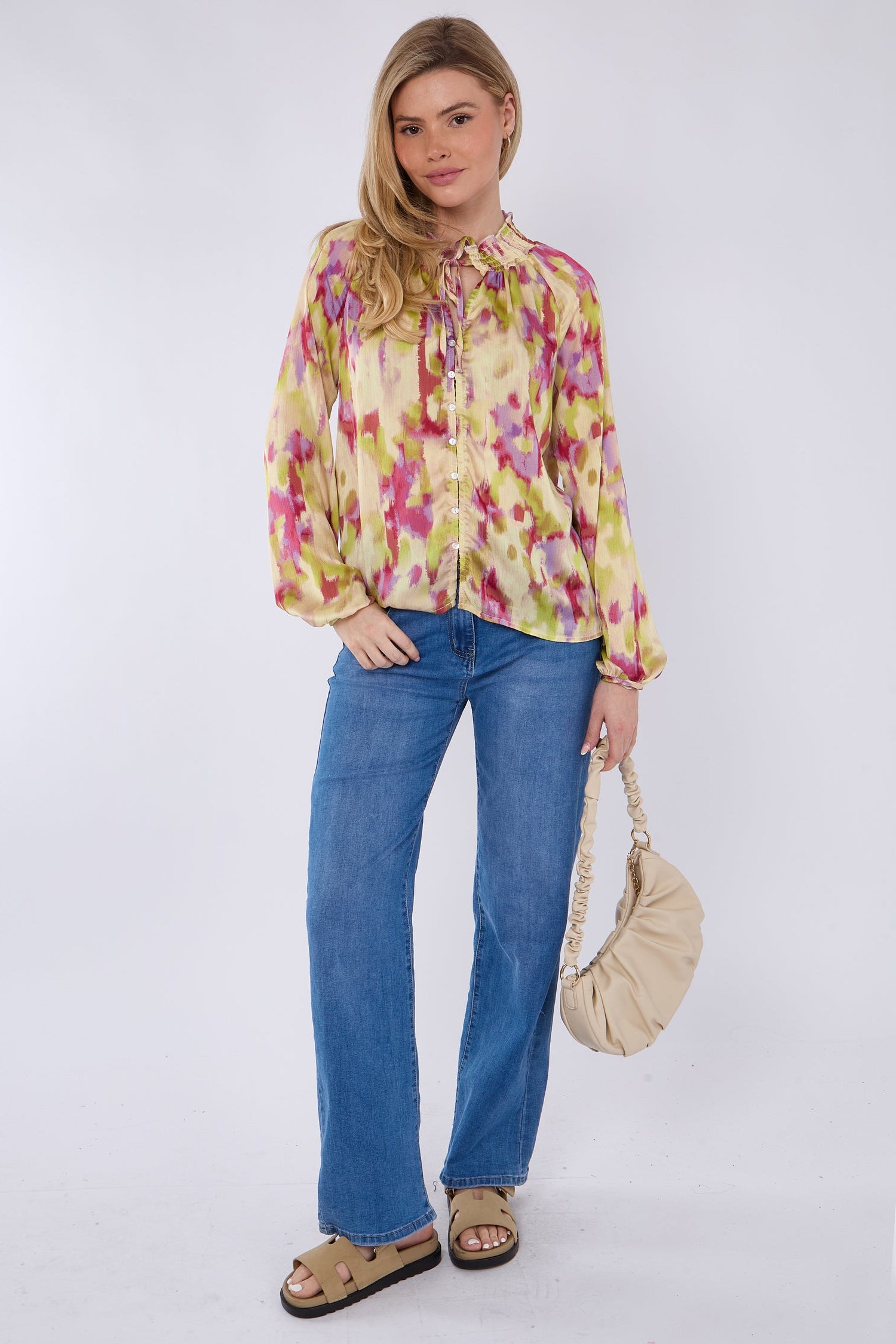 Pink and Lime Tie Dye Print Tie Lace Satin Blouse