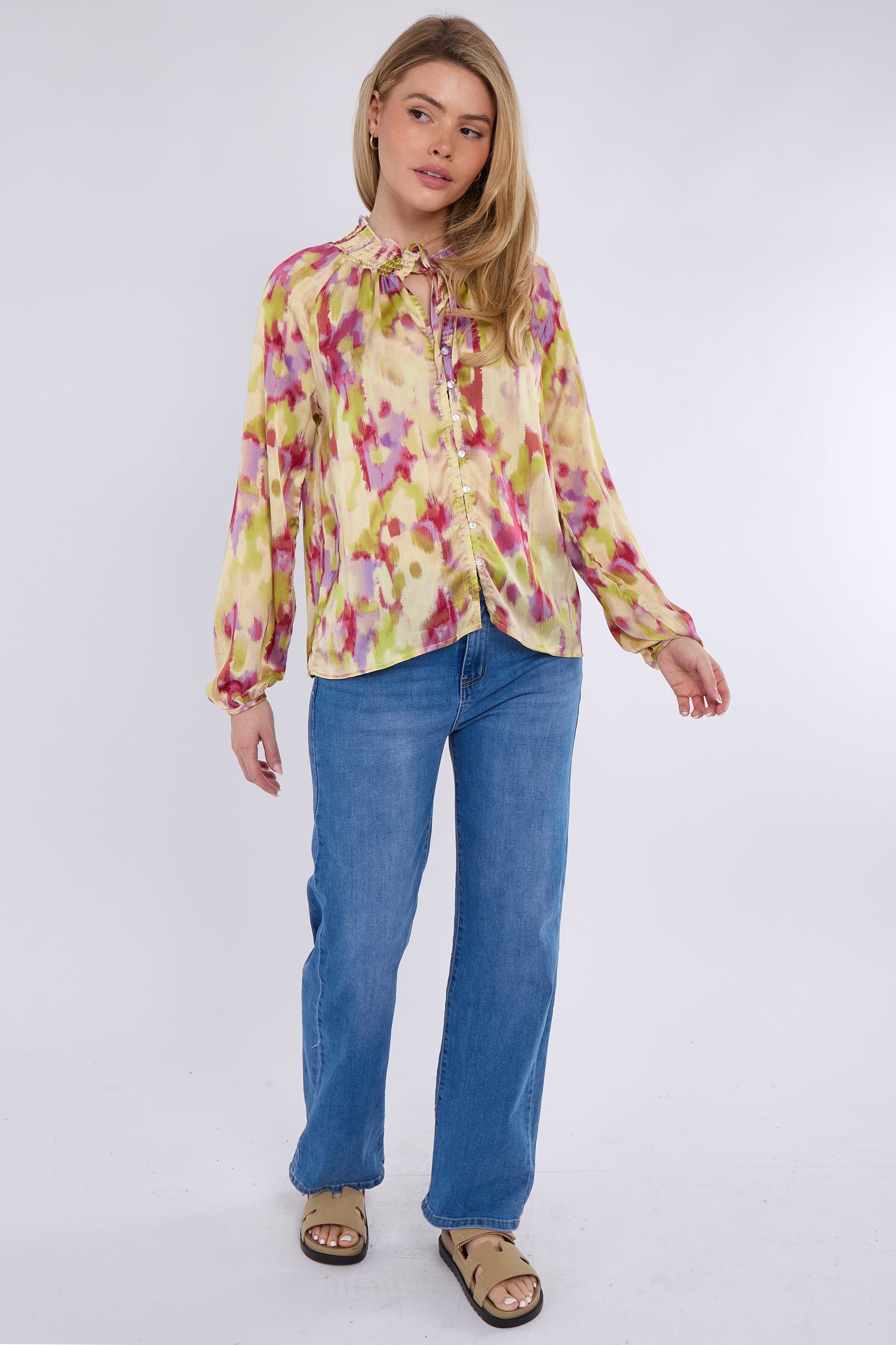 Pink and Lime Tie Dye Print Tie Lace Satin Blouse