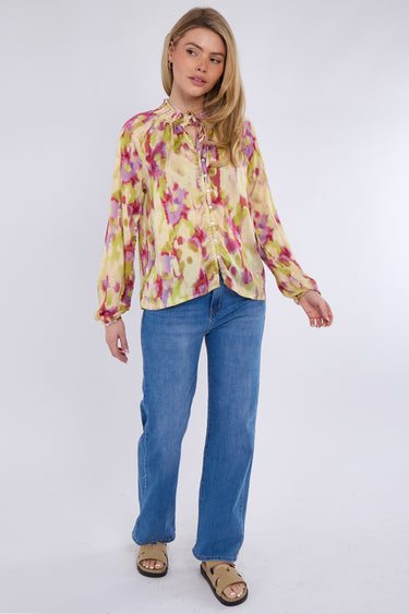 Pink and Lime Tie Dye Print Tie Lace Satin Blouse