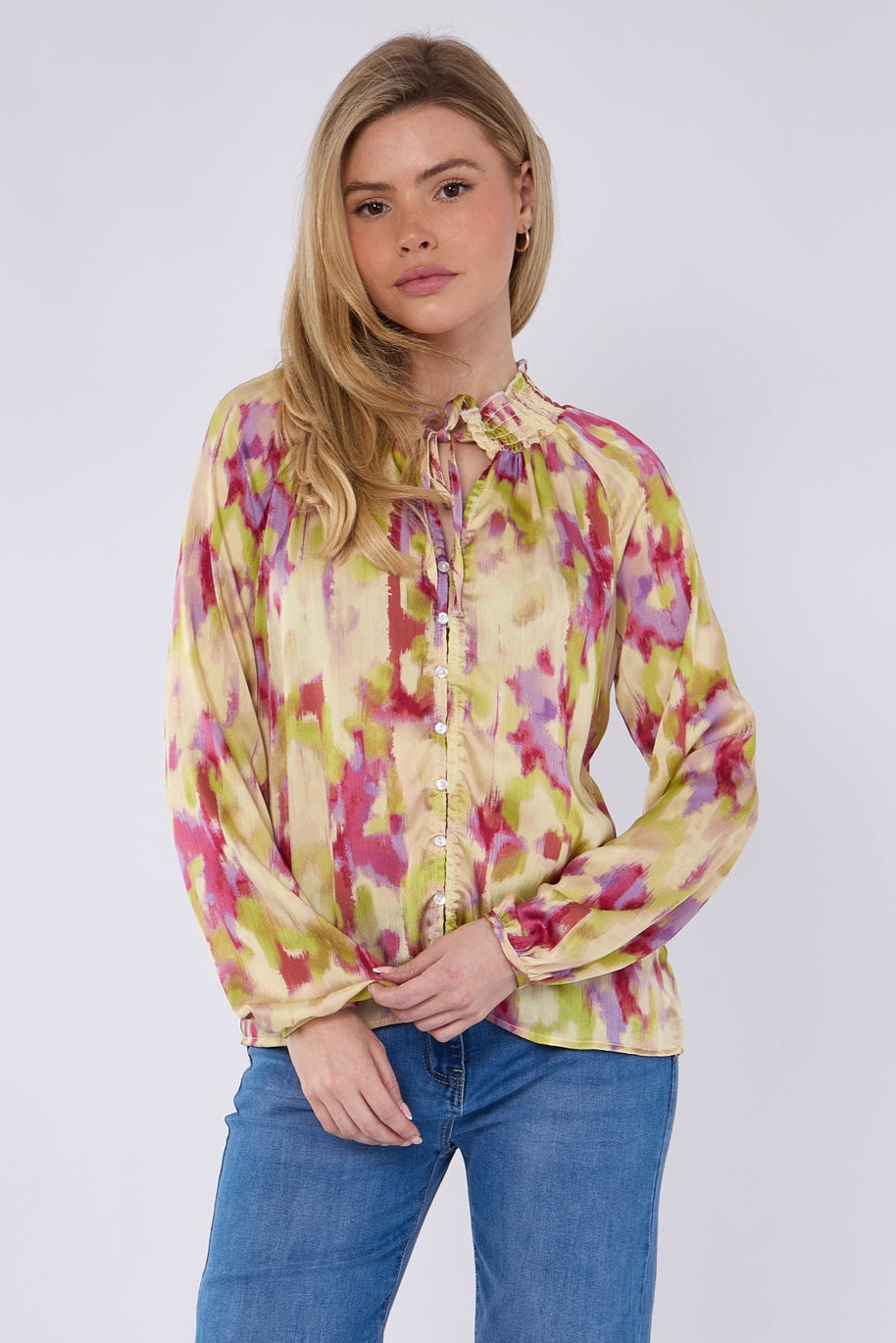 Pink and Lime Tie Dye Print Tie Lace Satin Blouse