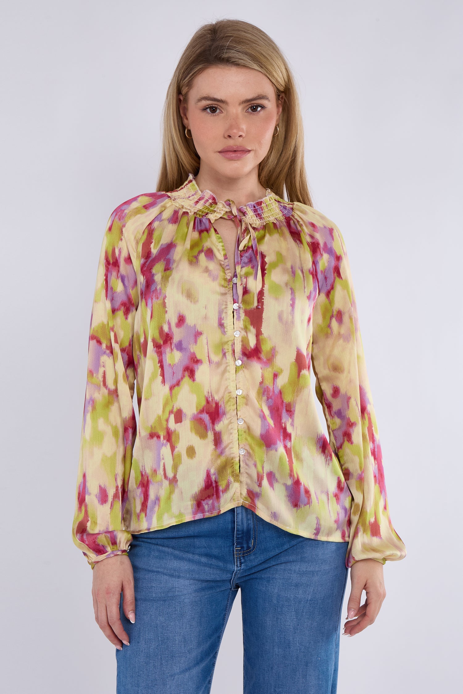 Pink and Lime Tie Dye Print Tie Lace Satin Blouse