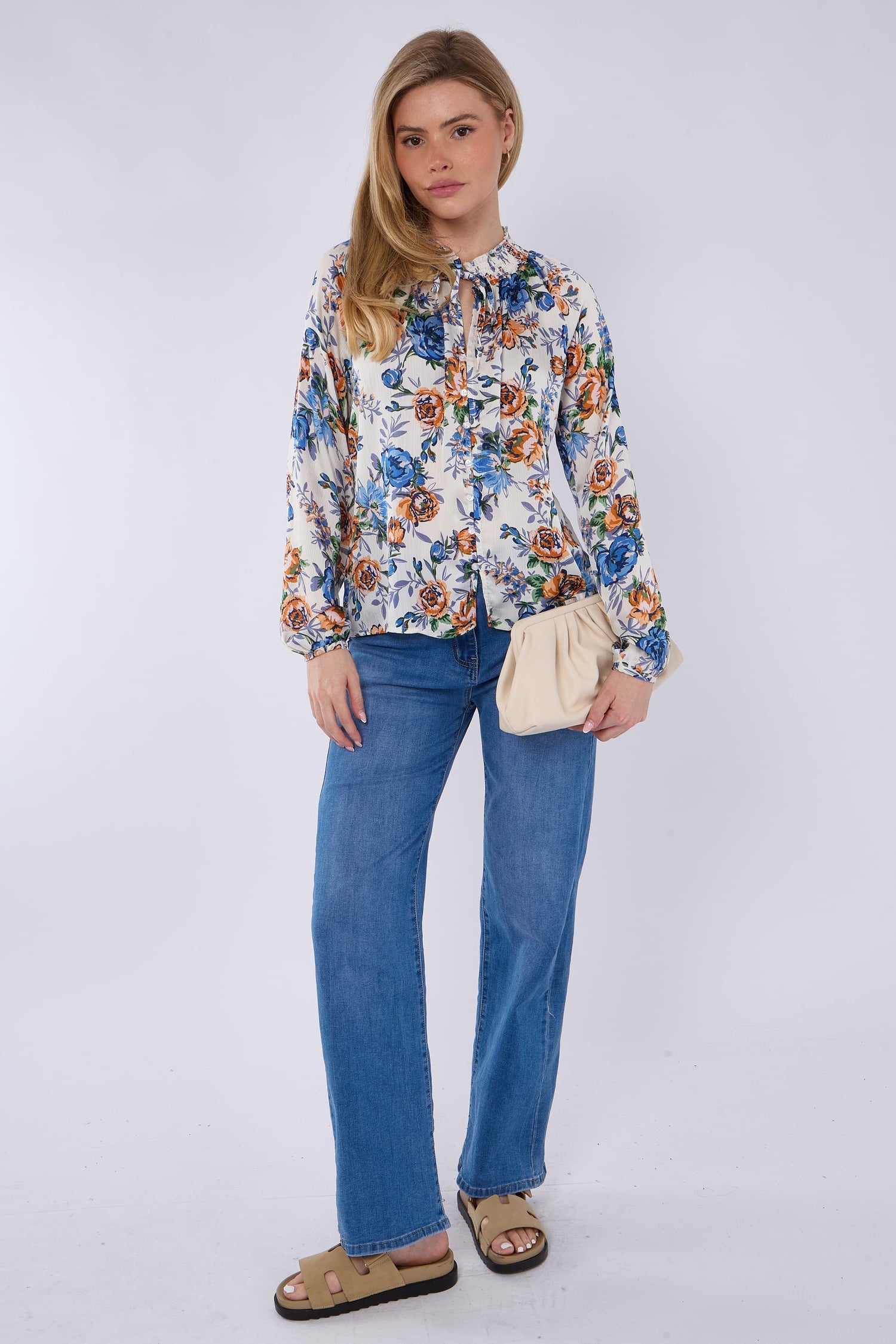 Blue Roses Print Tie Lace Satin Blouse