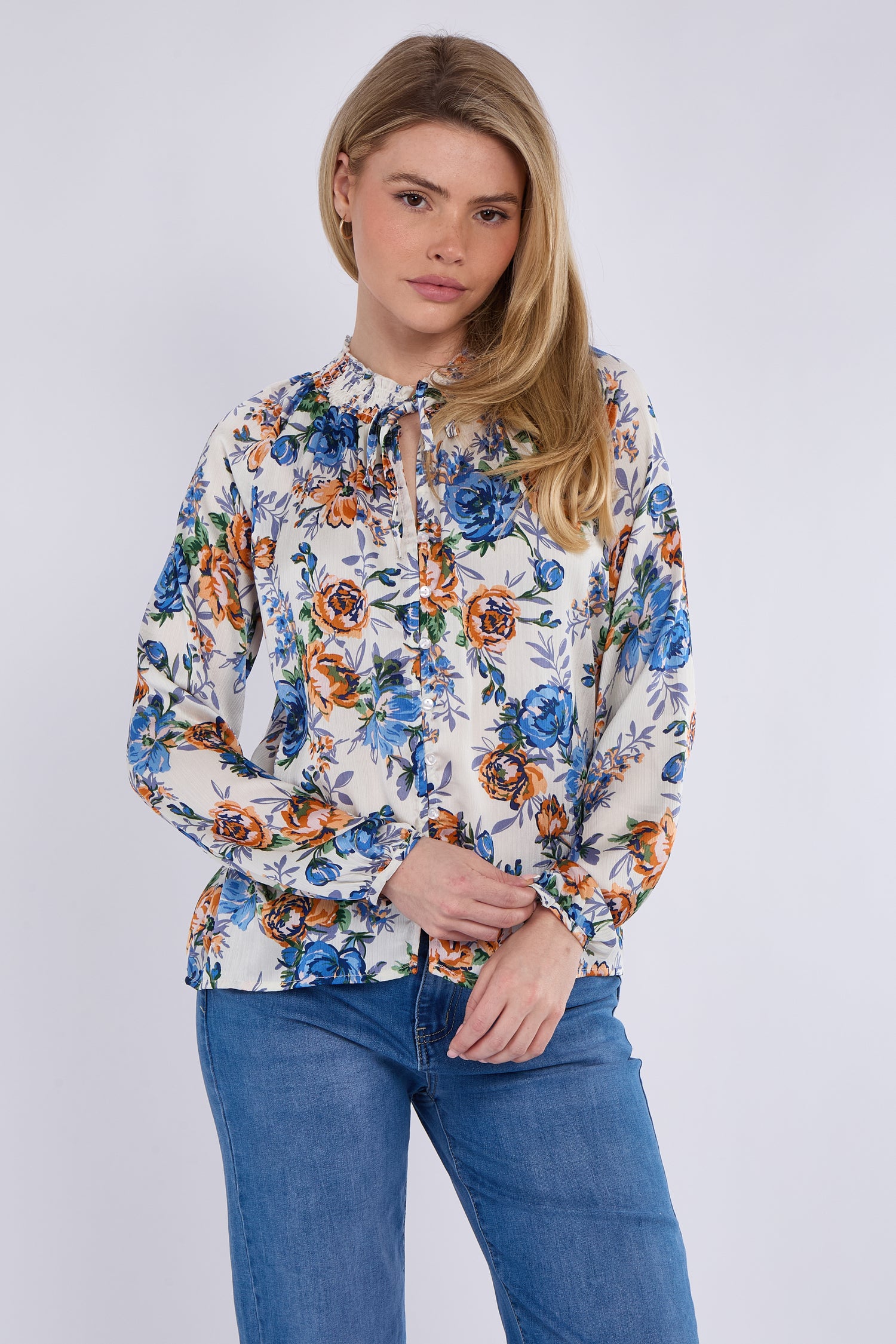 Blue Roses Print Tie Lace Satin Blouse