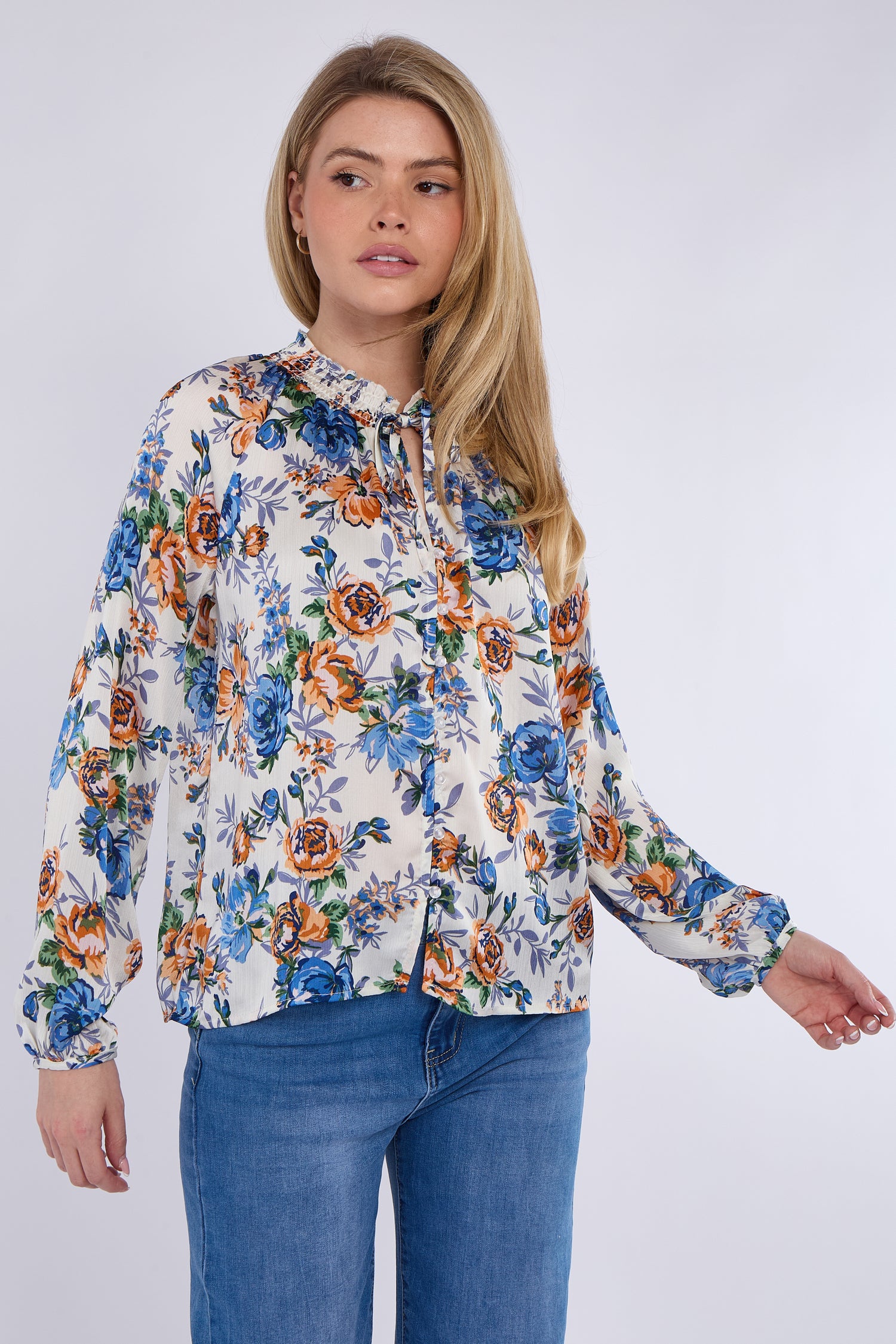 Blue Roses Print Tie Lace Satin Blouse