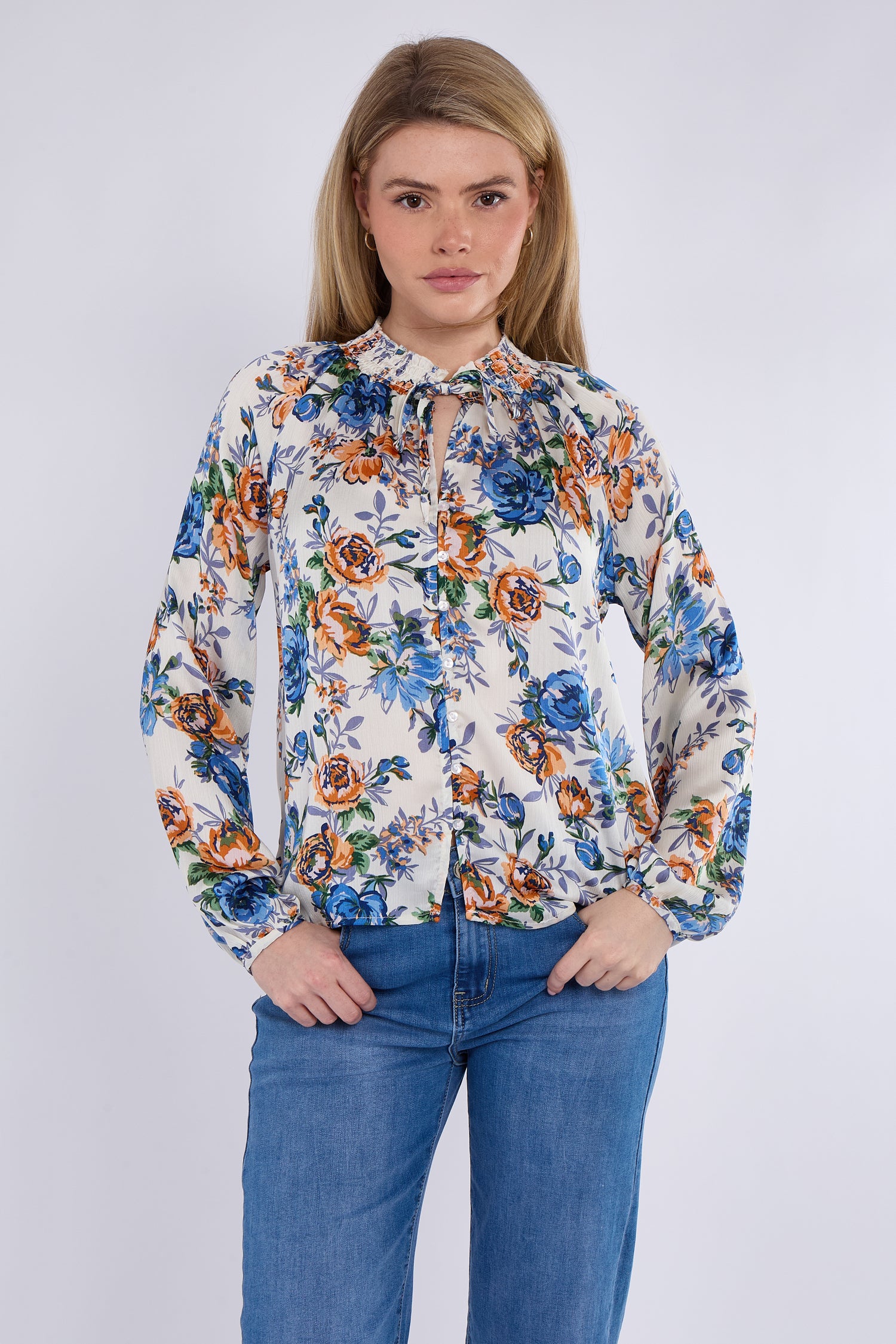Blue Roses Print Tie Lace Satin Blouse