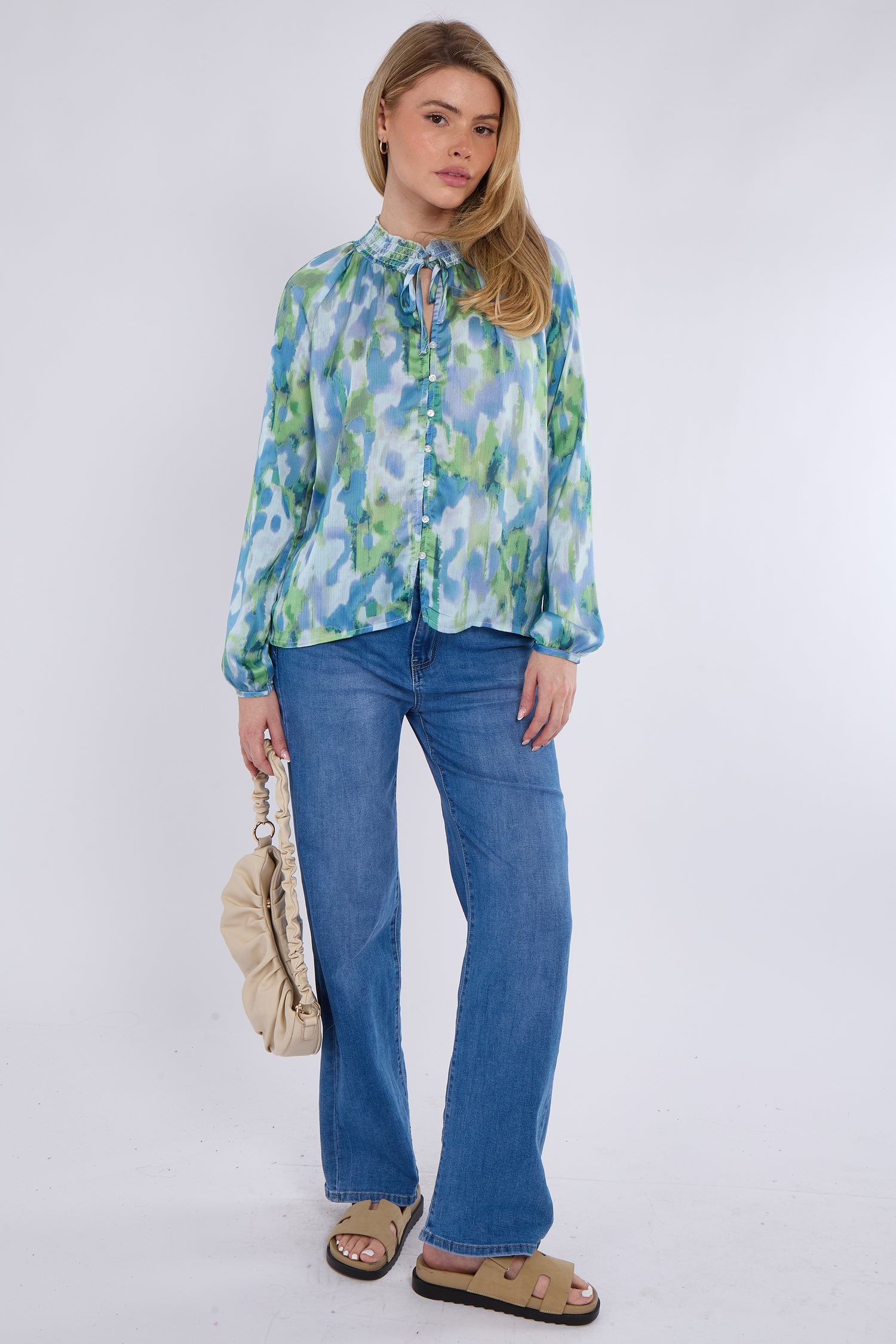 Blue and Green Tie Dye Print Tie Lace Satin Blouse