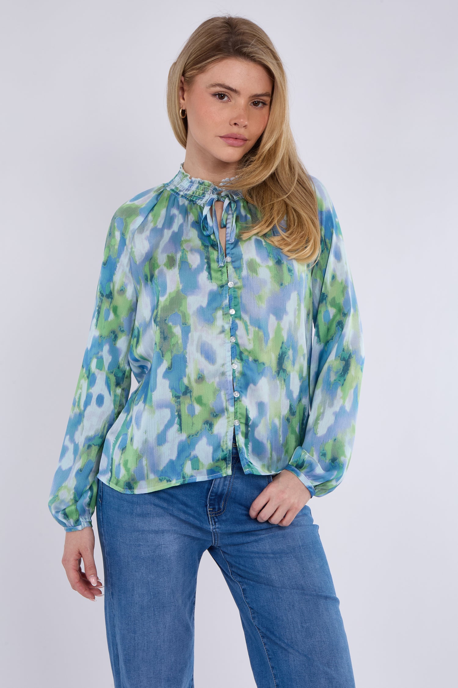 Blue and Green Tie Dye Print Tie Lace Satin Blouse