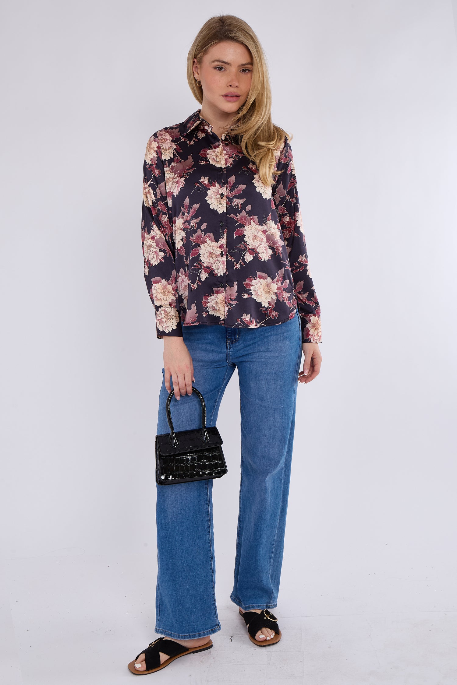 Navy Floral Print Satin Shirt