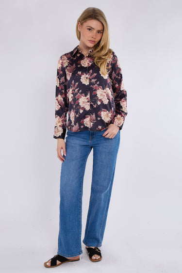 Navy Floral Print Satin Shirt