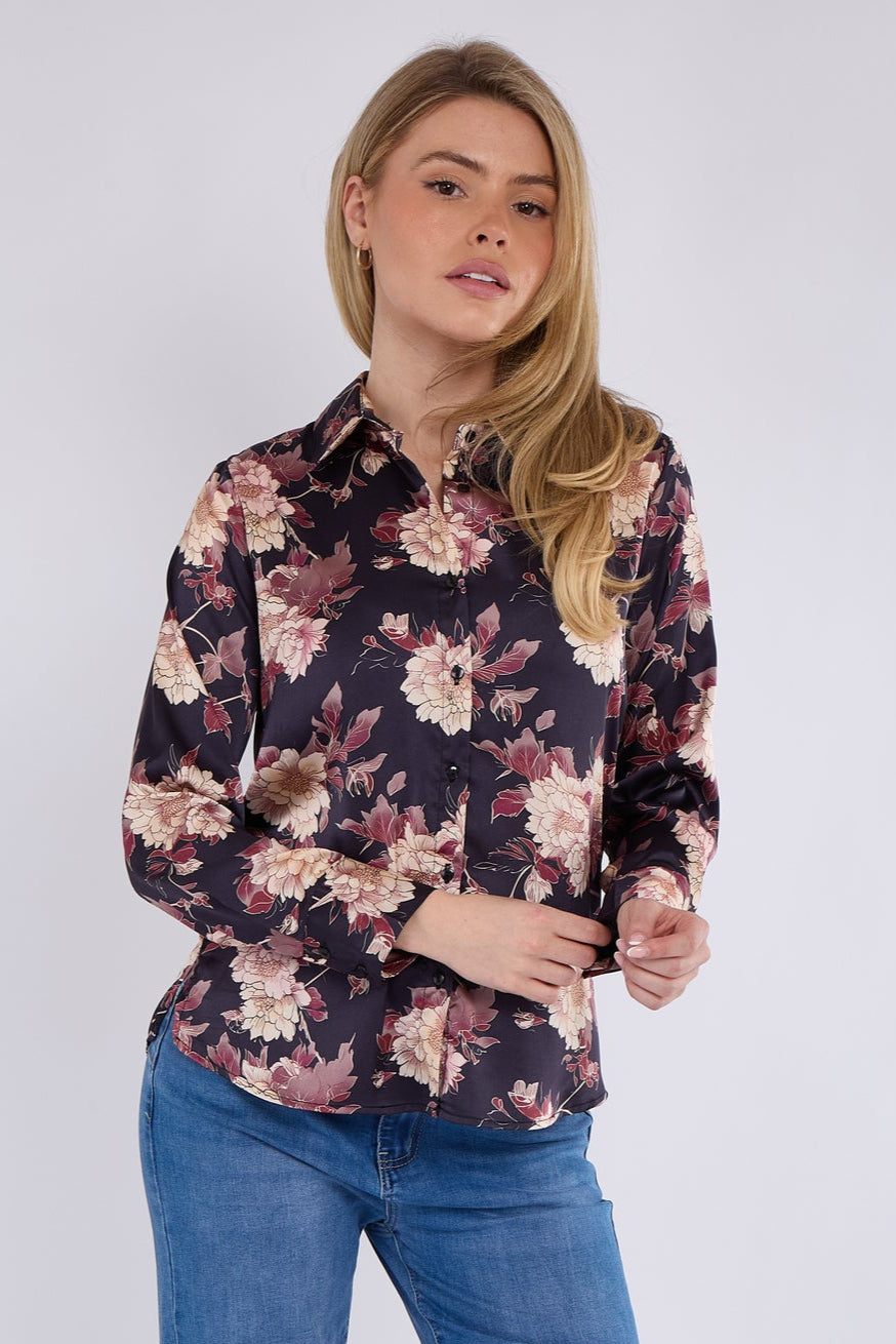 Navy Floral Print Satin Shirt