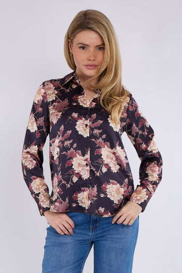 Navy Floral Print Satin Shirt
