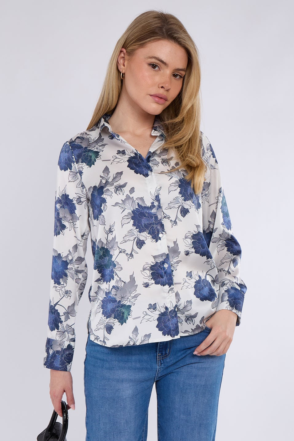 Floral Print White Satin Shirt