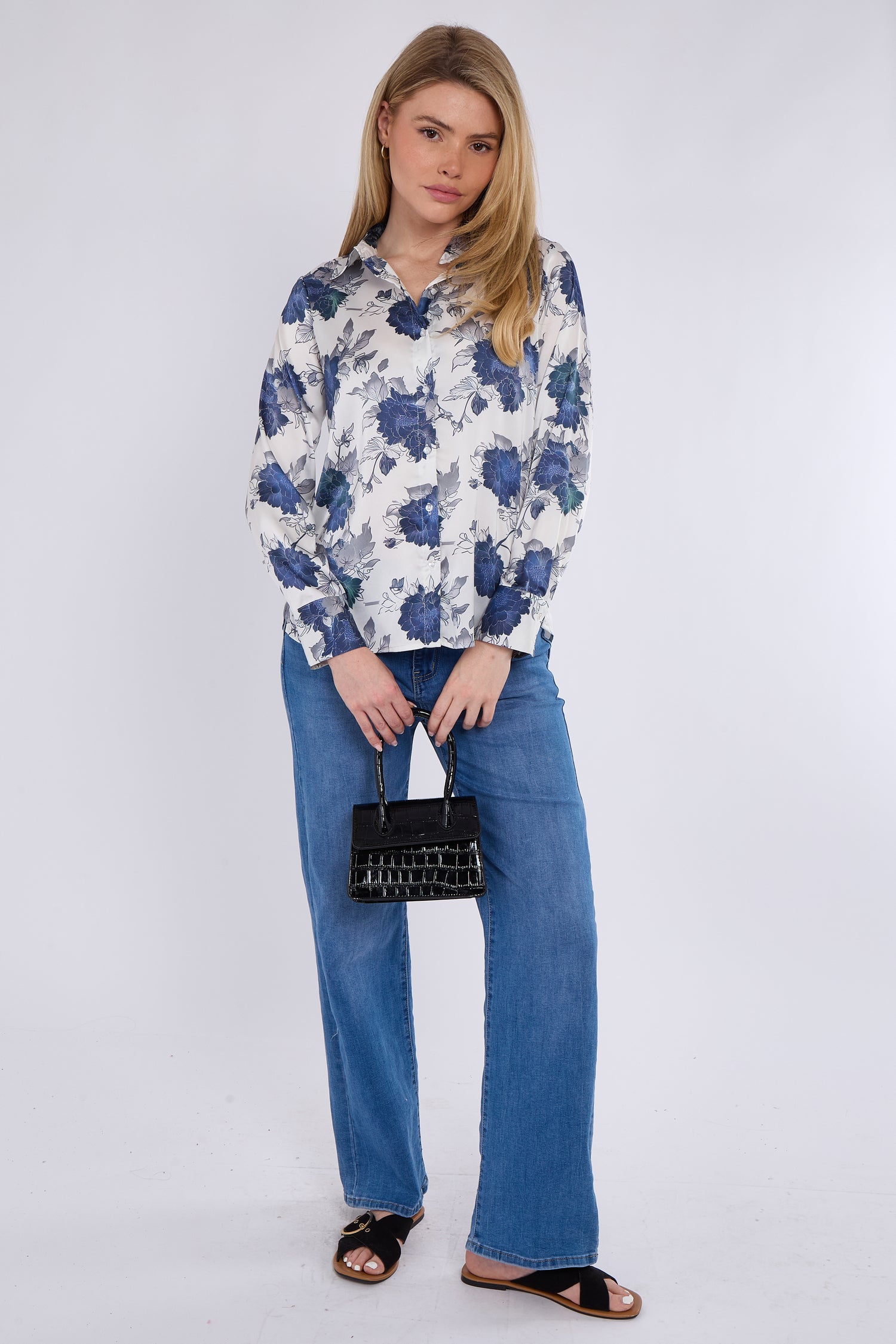 Floral Print White Satin Shirt