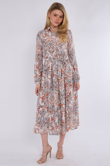 Orange Paisley Floral Print Midaxi Chiffon Shirt Dress