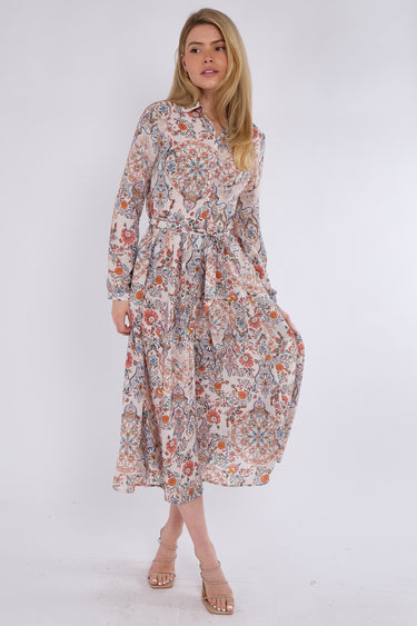 Orange Paisley Floral Print Midaxi Chiffon Shirt Dress