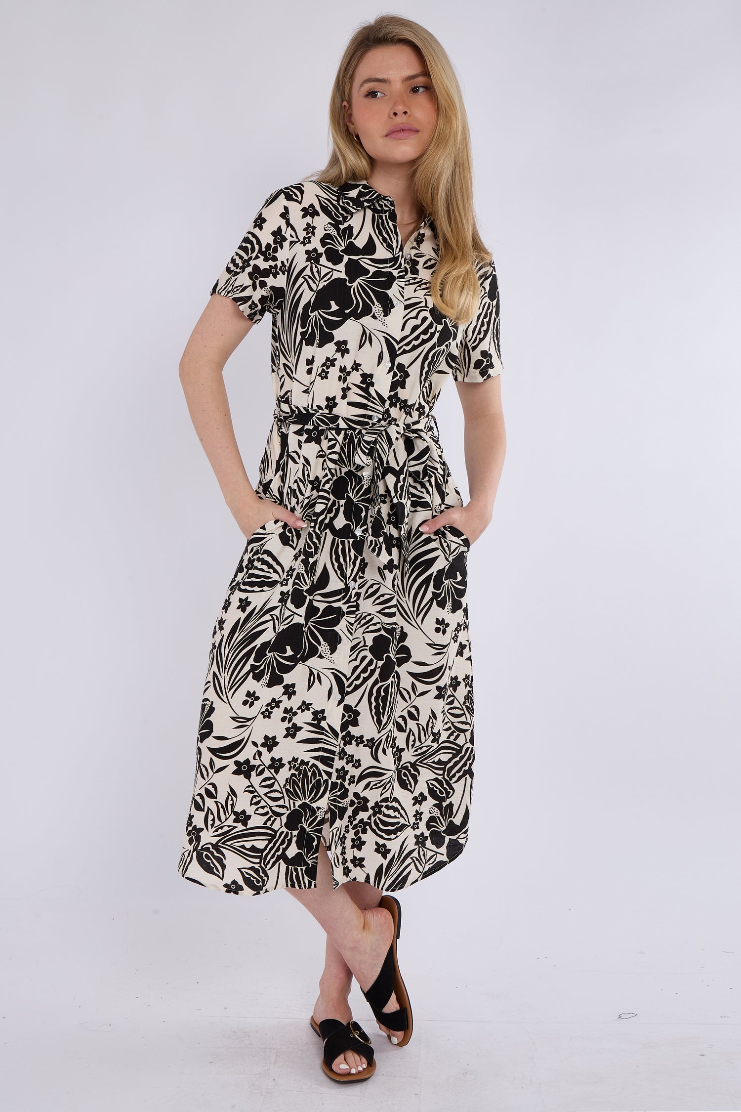 Black Paisley Floral Print Short Sleeve Midi Shirt Dress