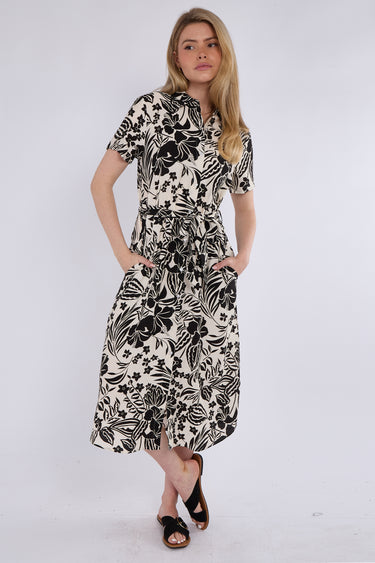 Black Paisley Floral Print Short Sleeve Midi Shirt Dress