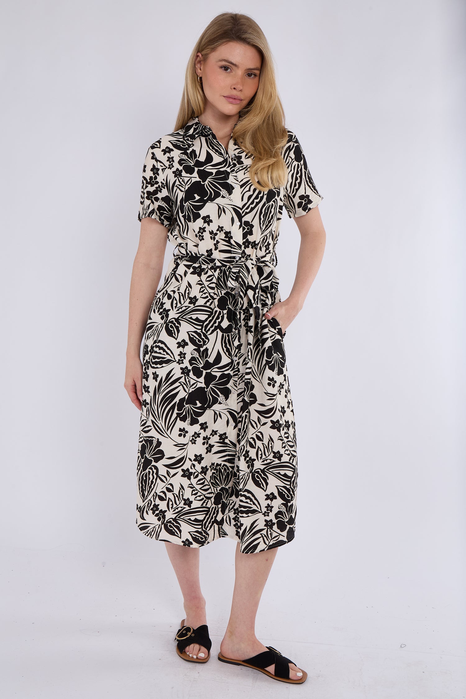 Black Paisley Floral Print Short Sleeve Midi Shirt Dress