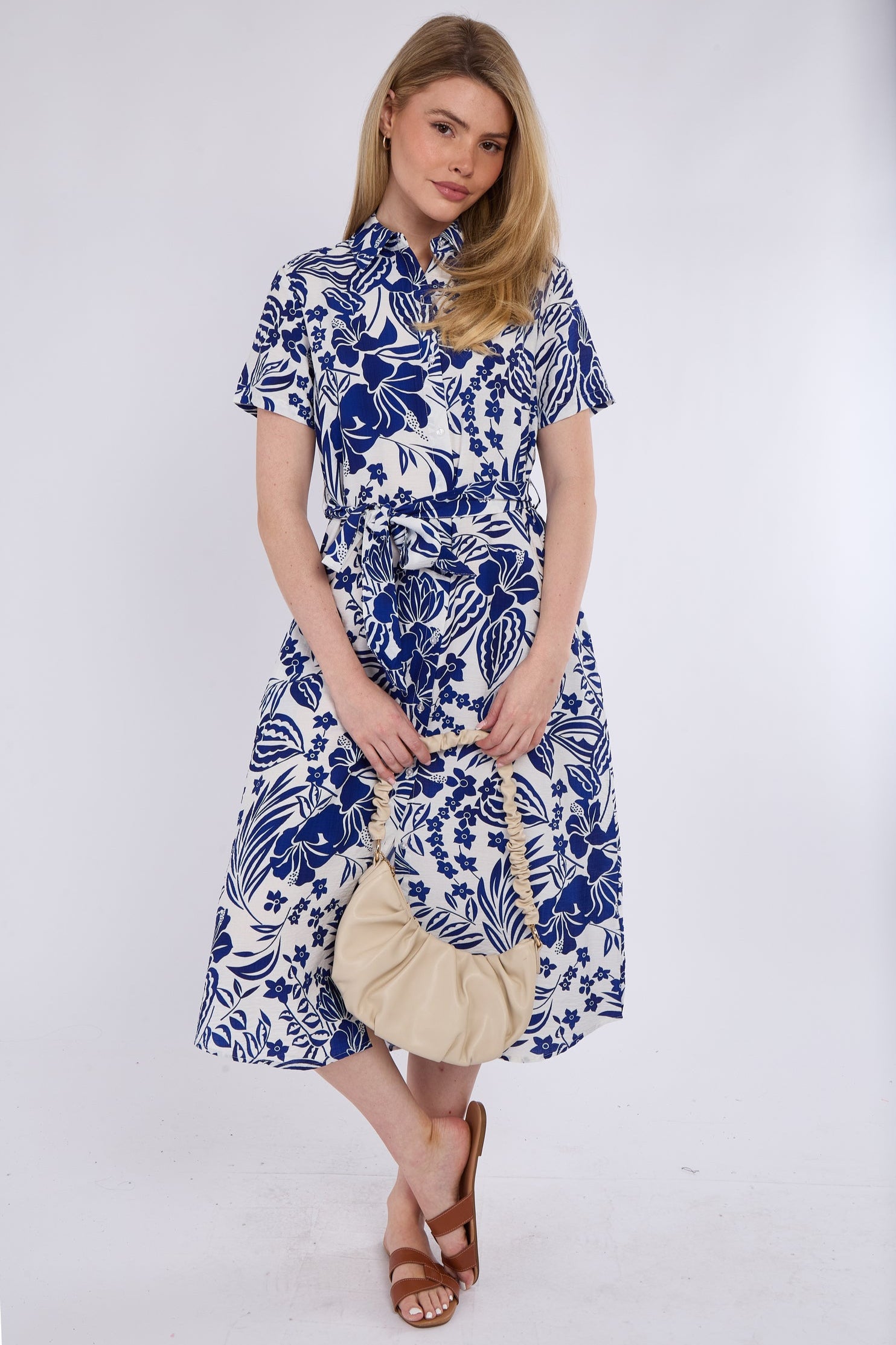 Blue Paisley Floral Print Short Sleeve Midi Shirt Dress