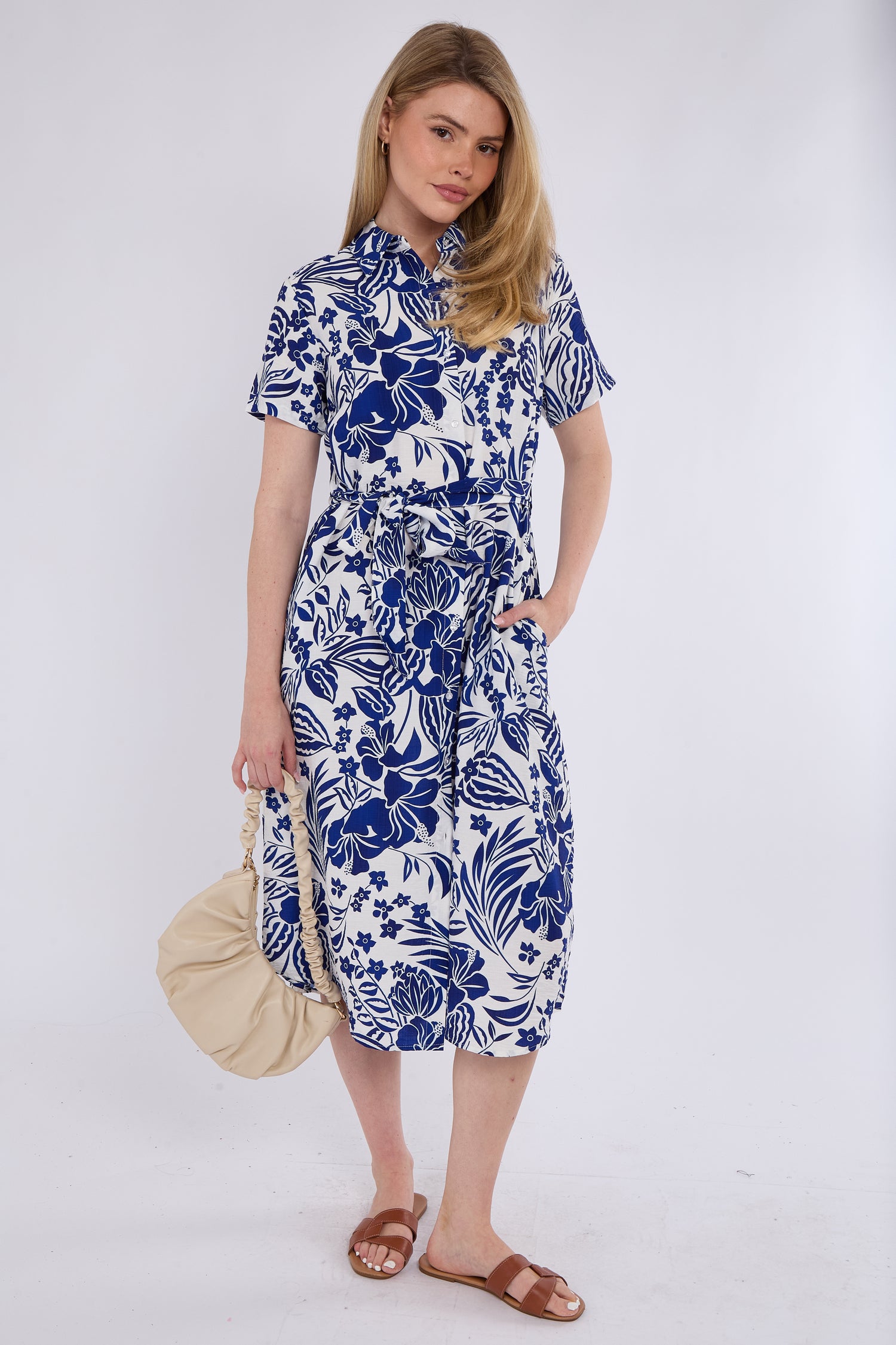 Blue Paisley Floral Print Short Sleeve Midi Shirt Dress