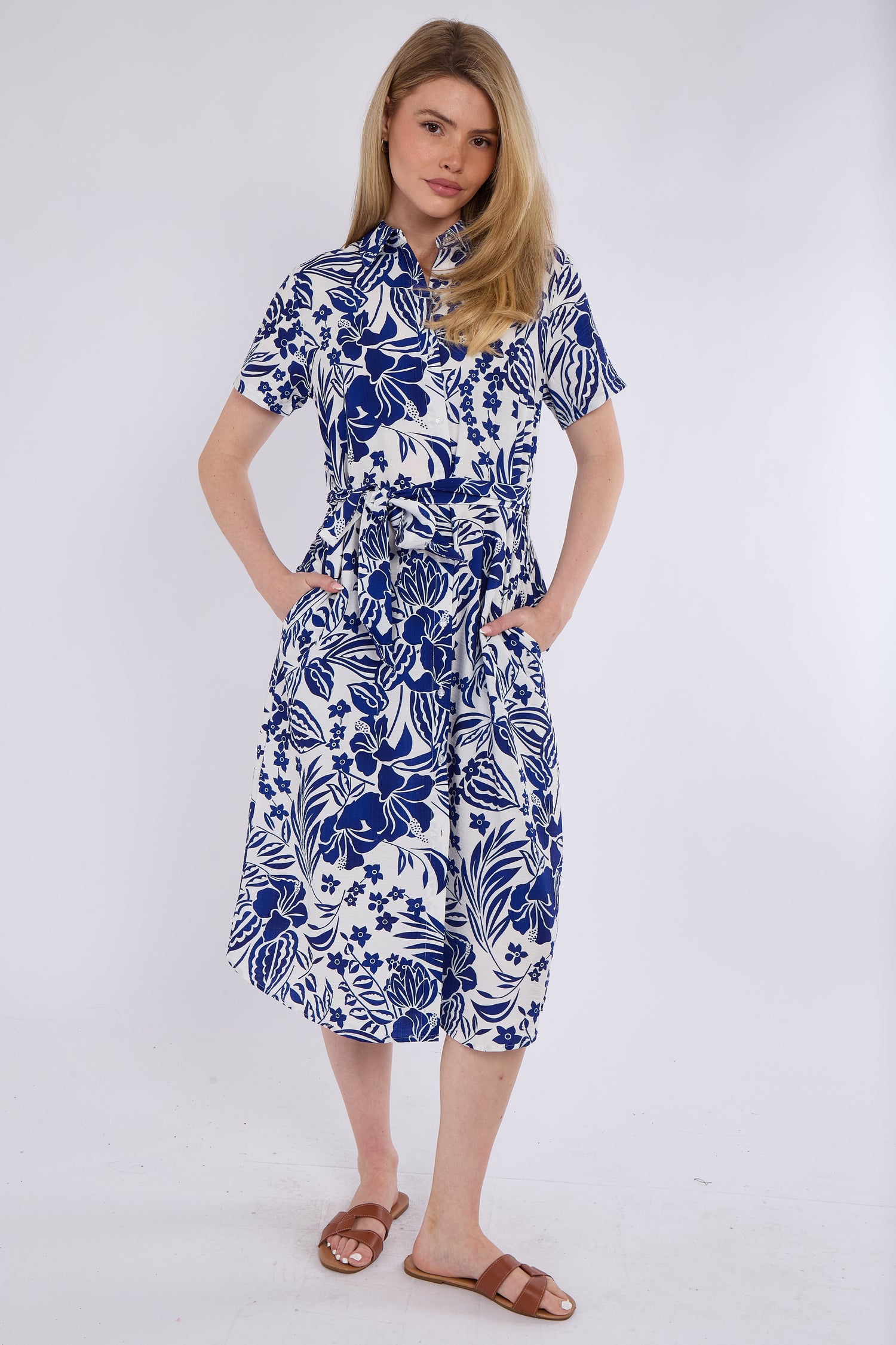 Blue Paisley Floral Print Short Sleeve Midi Shirt Dress