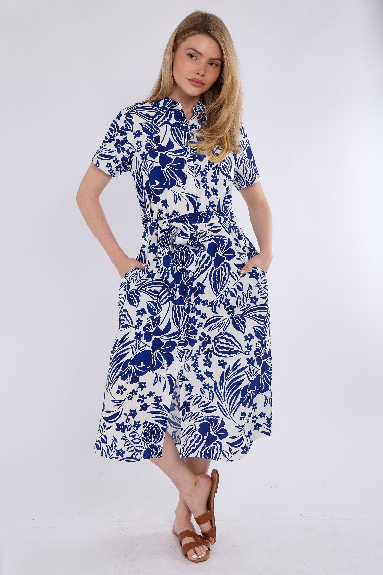 Blue Paisley Floral Print Short Sleeve Midi Shirt Dress