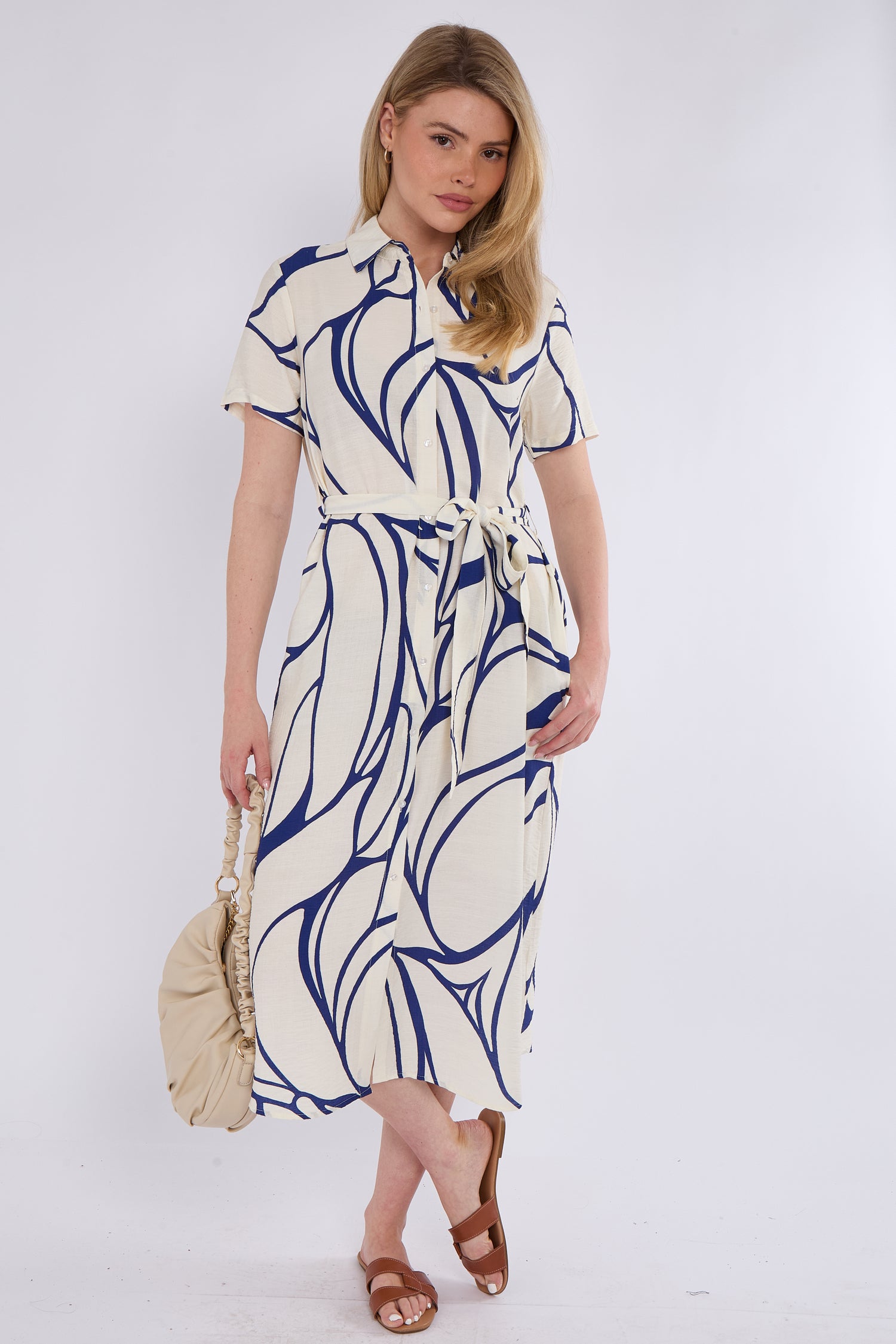 Blue Graphic Wave Print Short Sleeve Midi Shirt Dress