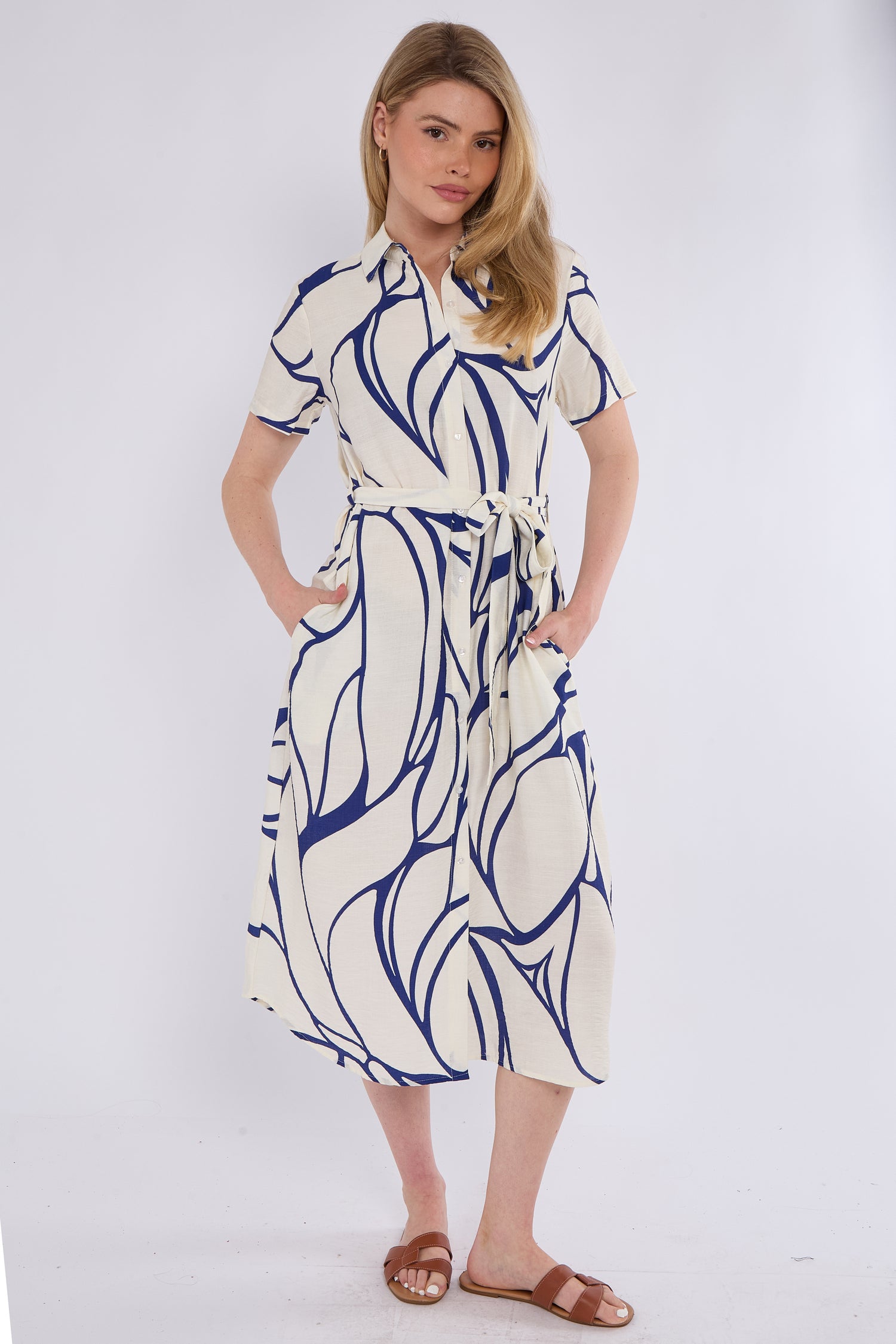Blue Graphic Wave Print Short Sleeve Midi Shirt Dress