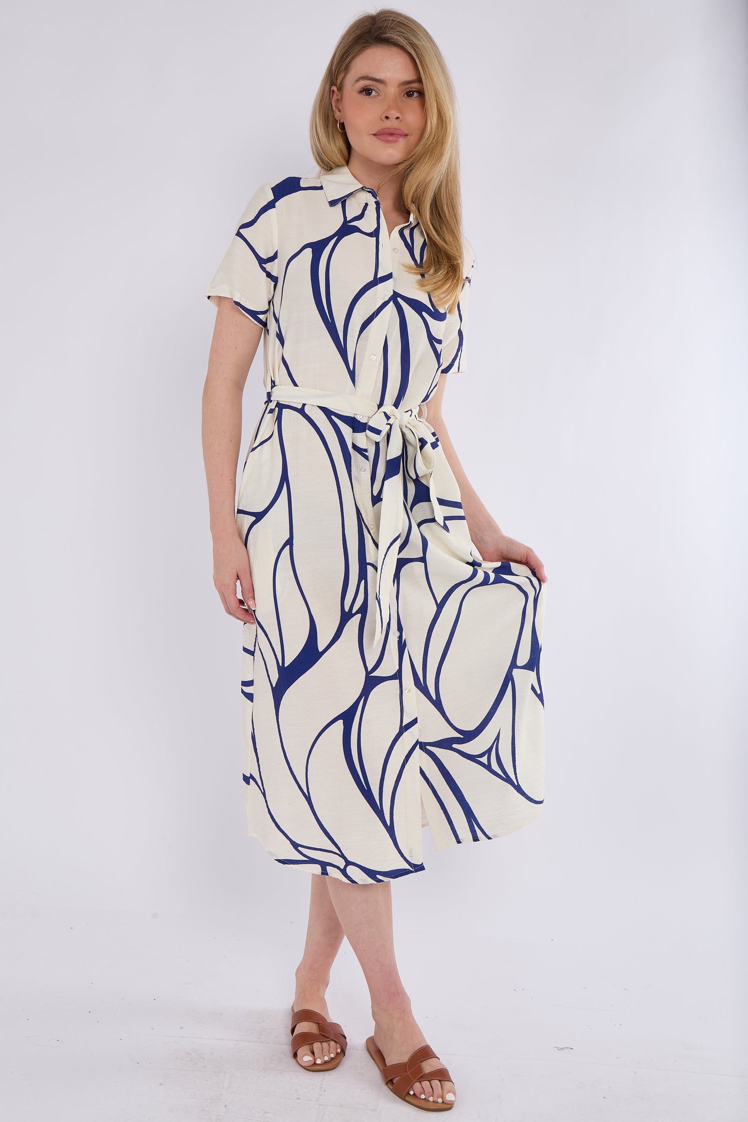 Blue Graphic Wave Print Short Sleeve Midi Shirt Dress