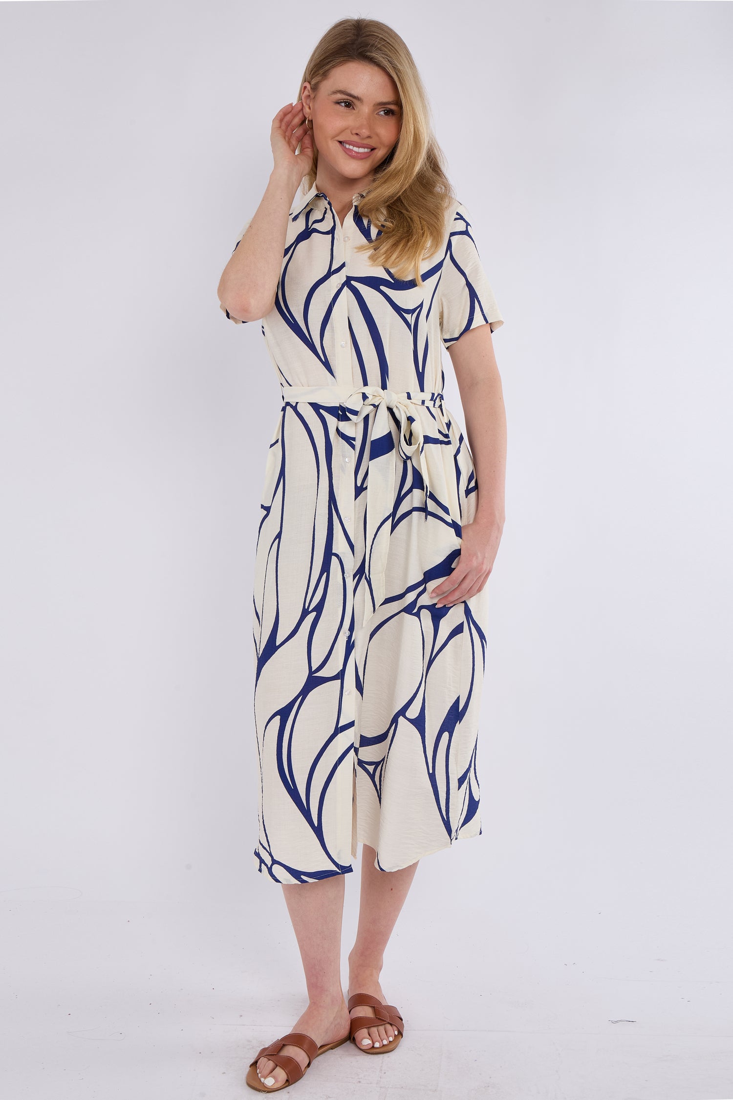 Blue Graphic Wave Print Short Sleeve Midi Shirt Dress