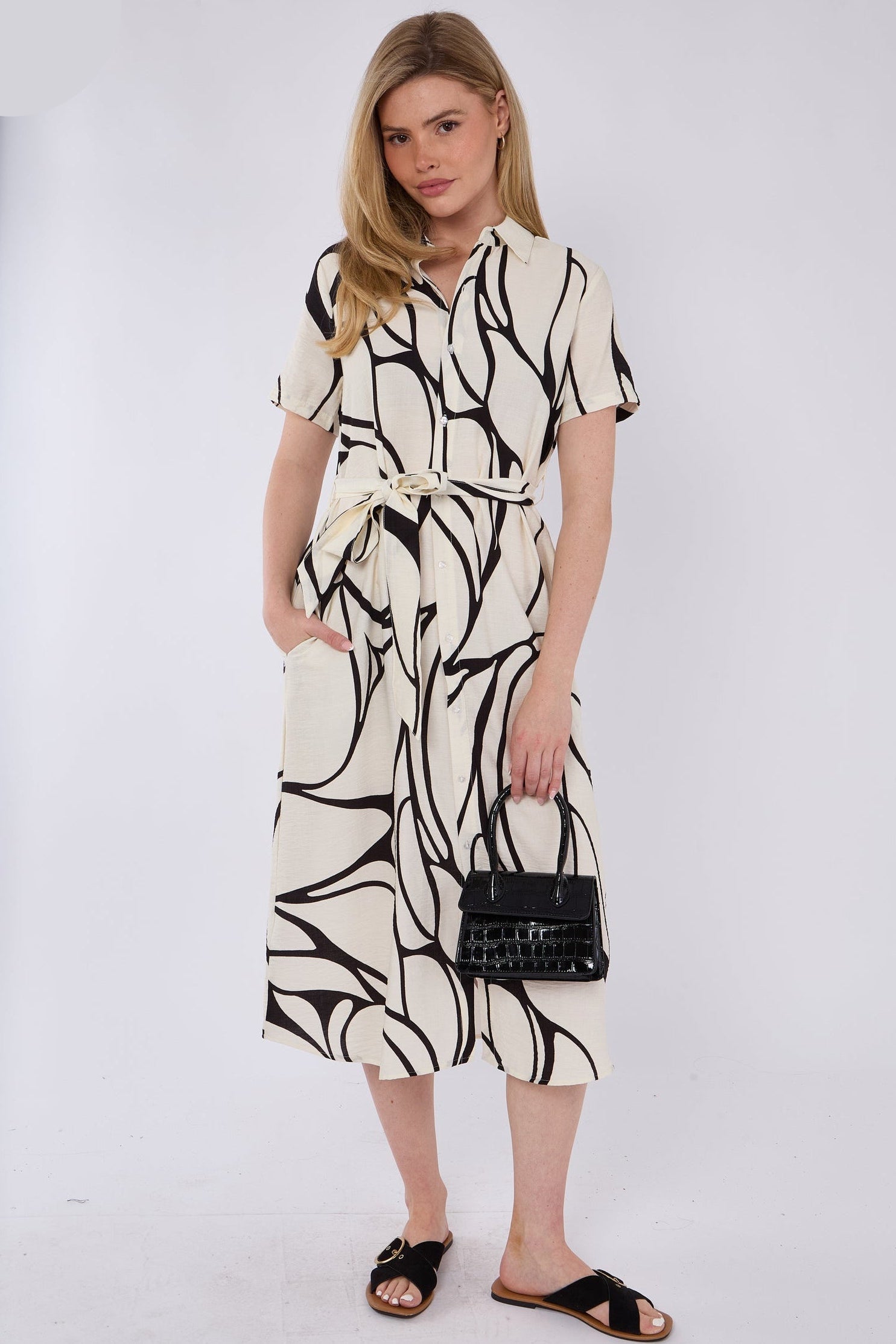 Black Graphic Wave Print Short Sleeve Midi Shirt Dress
