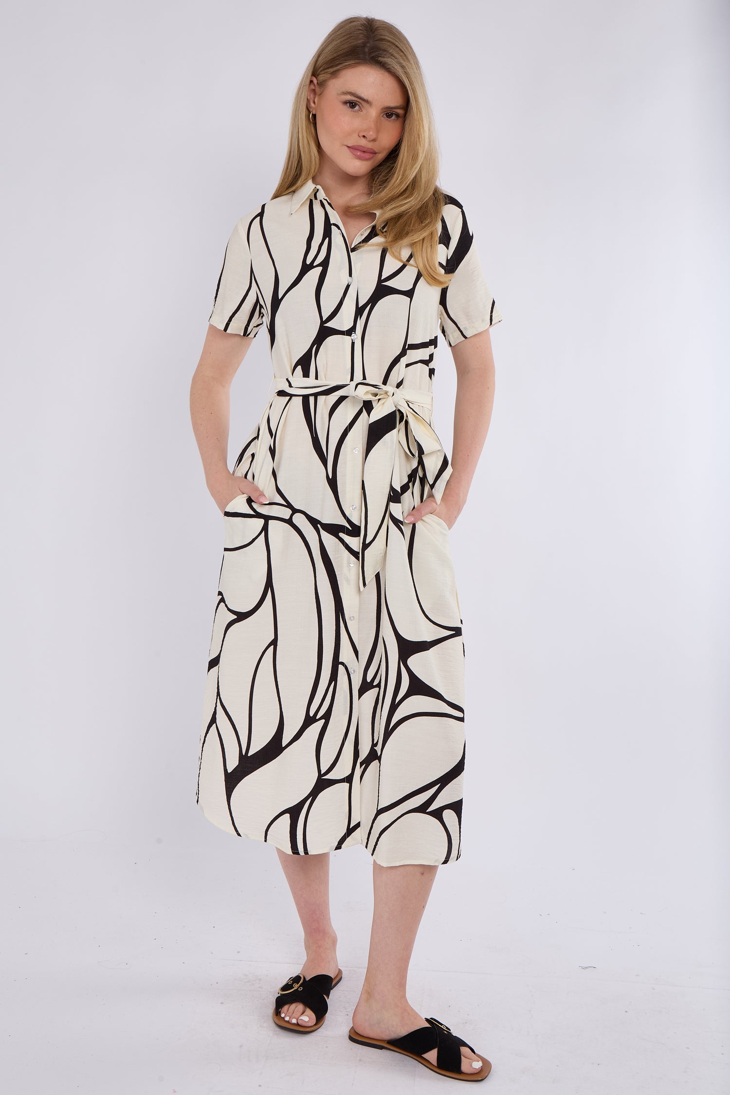 Black Graphic Wave Print Short Sleeve Midi Shirt Dress