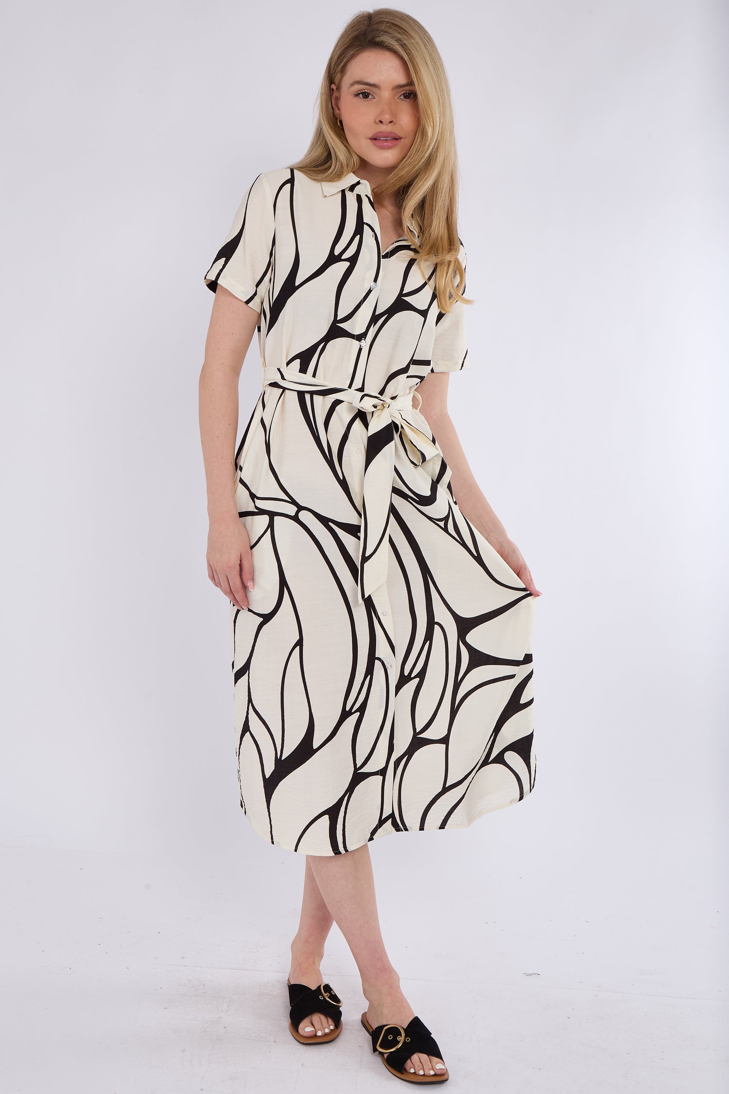 Black Graphic Wave Print Short Sleeve Midi Shirt Dress