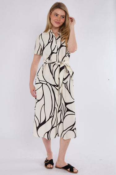 Black Graphic Wave Print Short Sleeve Midi Shirt Dress