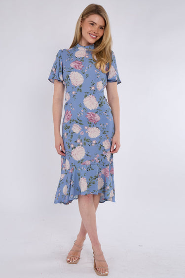 Blue Peony Flutter Sleeve Midi Tea Dress