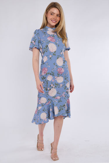 Blue Peony Flutter Sleeve Midi Tea Dress