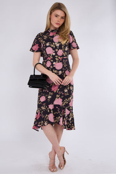 Black Peony Printed Flutter Sleeve Midi Tea Dress