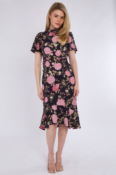 Black Peony Printed Flutter Sleeve Midi Tea Dress