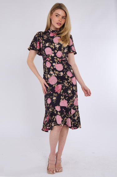 Black Peony Printed Flutter Sleeve Midi Tea Dress