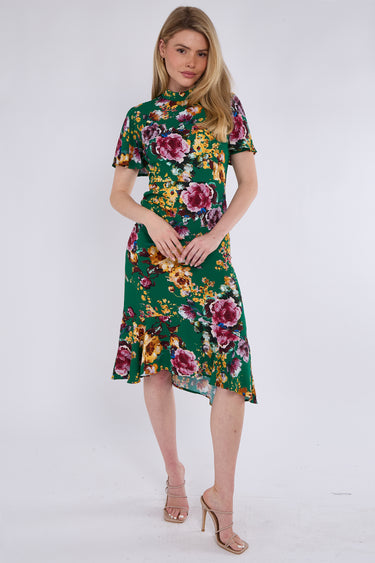 Green Floral Print Flutter Sleeve Midi Tea Dress