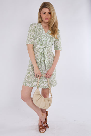 Light Green Leaf Print Knotted Mini Dress