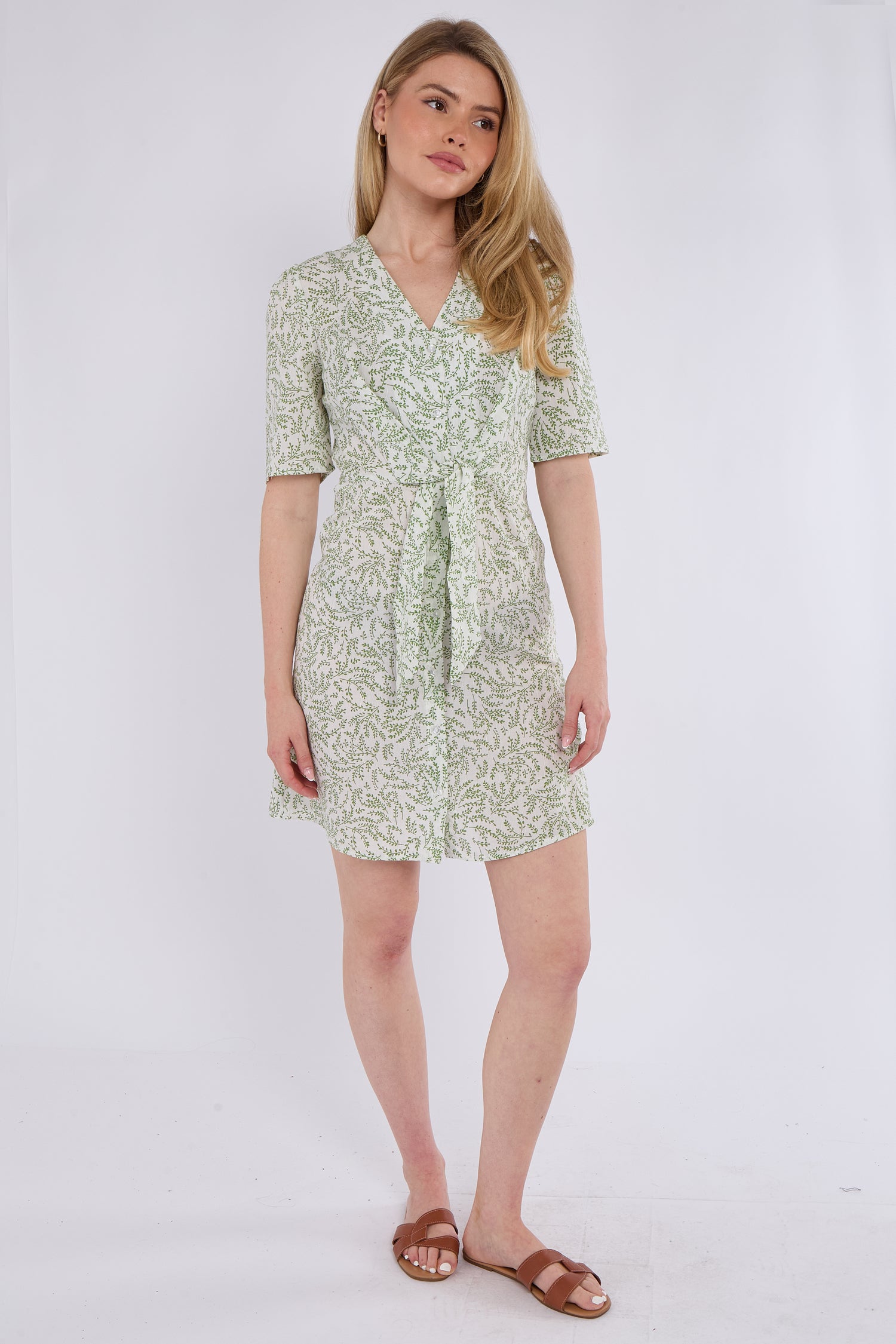 Light Green Leaf Print Knotted Mini Dress