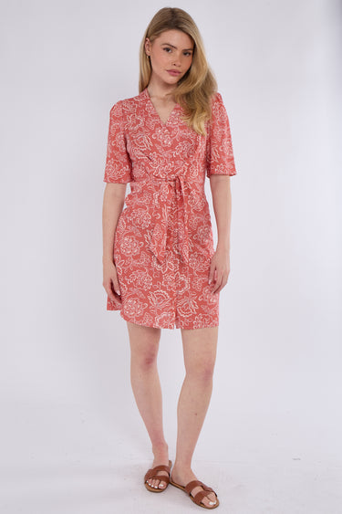 Coral Floral Print Knotted Mini Dress