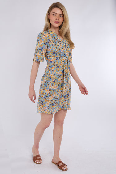 Yellow & Blue Floral Print Knotted Mini Dress