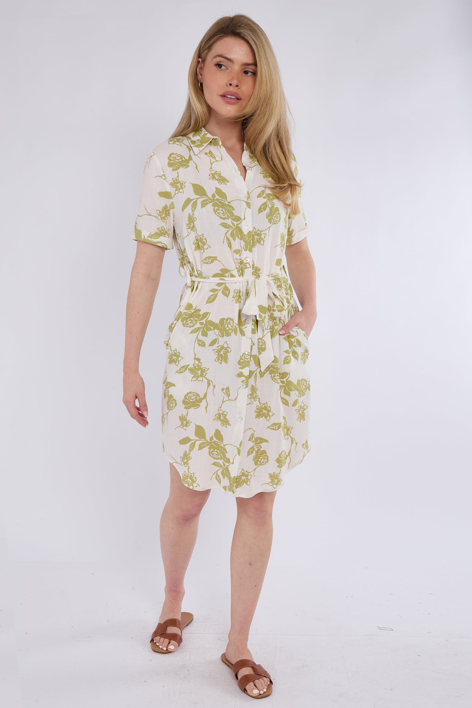 Lime Floral Print Short Sleeve Mini Shirt Dress
