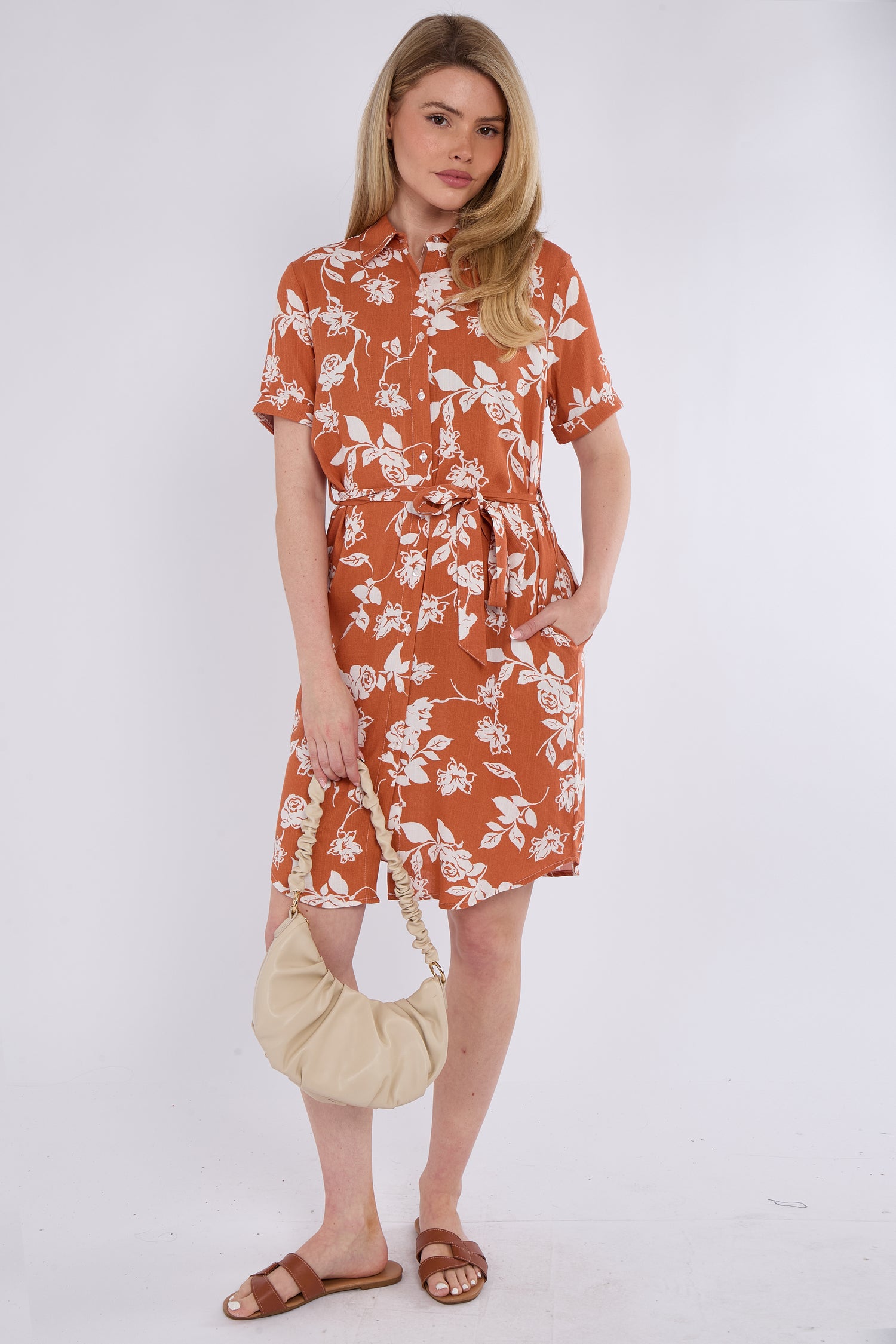Coral Floral Print Short Sleeve Mini Shirt Dress